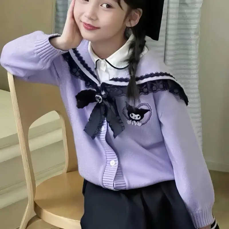 Sanrio Girl Dress Kuromi Kawaii Anime Fashion Autumn Student Long Sleeves Sweater Shirt Pleated Skirt Childrens clothing new H251216