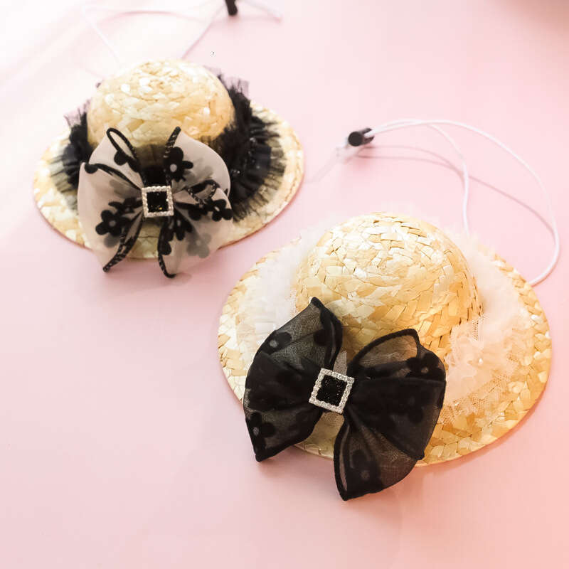 Pet Straw for Kittens and Dogs, Cute Knitted Hat with Summer Sunshade, Little Chanel Style Lace Bowknot Flower