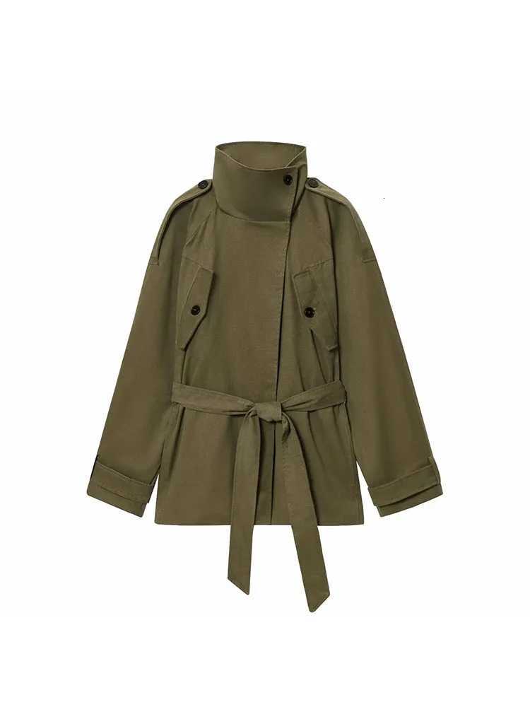 Womens 2025 Autumn New Trench Coat Style Army Green Long Sleeve Cotton Belt Decorative Trench Coat Casual Versatile jacketT251216