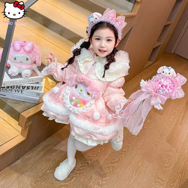 Sanrio Girl Kawaii Lace Melody Lolita Warm Down Jacket Cartoon Winter Anime Jacket New Childrens Thickened Cotton Jacket Princess Tops H251216