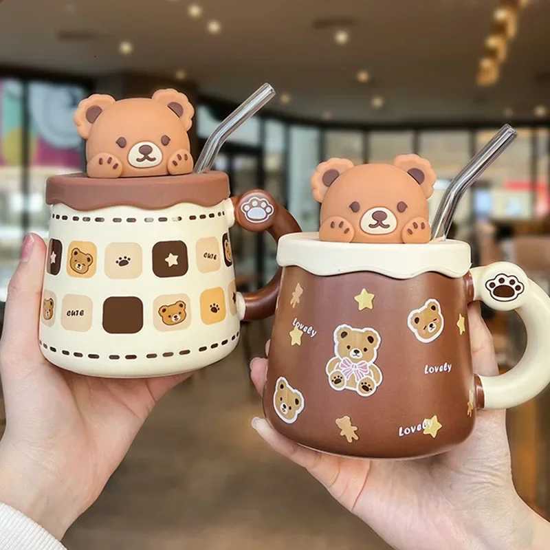 Kawaii Cup Cute Lovely Bear Ceramic g Large Capacity with Lid Coffee Cups Breakfast Milk gs Drinking with Straw Water Cup H251215