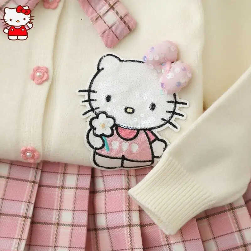 Sanrio Anime Hello Kitty Girls Autumn Knitted Coat Set College Style Jk Cardigan Jacket And Pleated Skirt Two-Piece Set for Children H251216