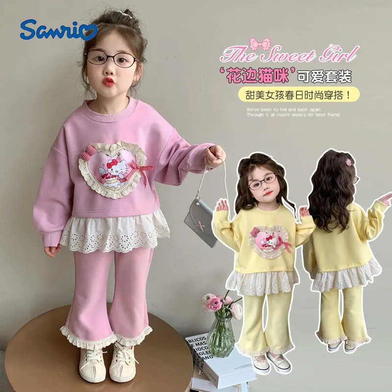 Sanrio Girl Clothes Set Autumn Kid Sweatshirts Pullover Hello Kitty Top Bell-bottoms Pants 2pcs Suit Children Sweet Tracksuits Outfit H251216
