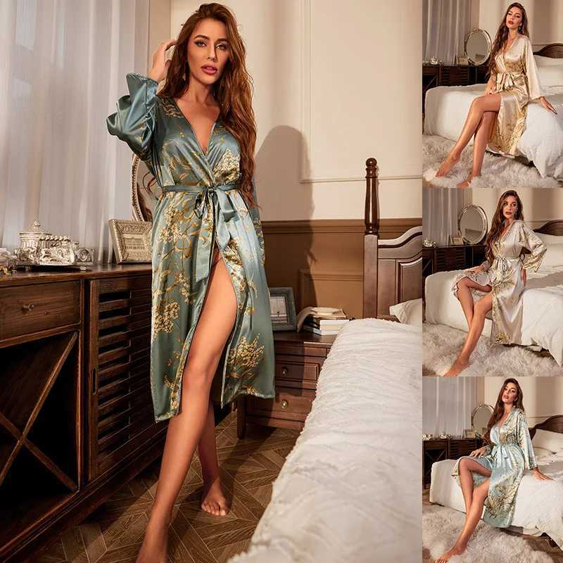 2025New Silk Kimono Robe for Women Floral Print Long Sleeve Lightweight Sexy Sleepwear Lace Up Bathrobe C251216