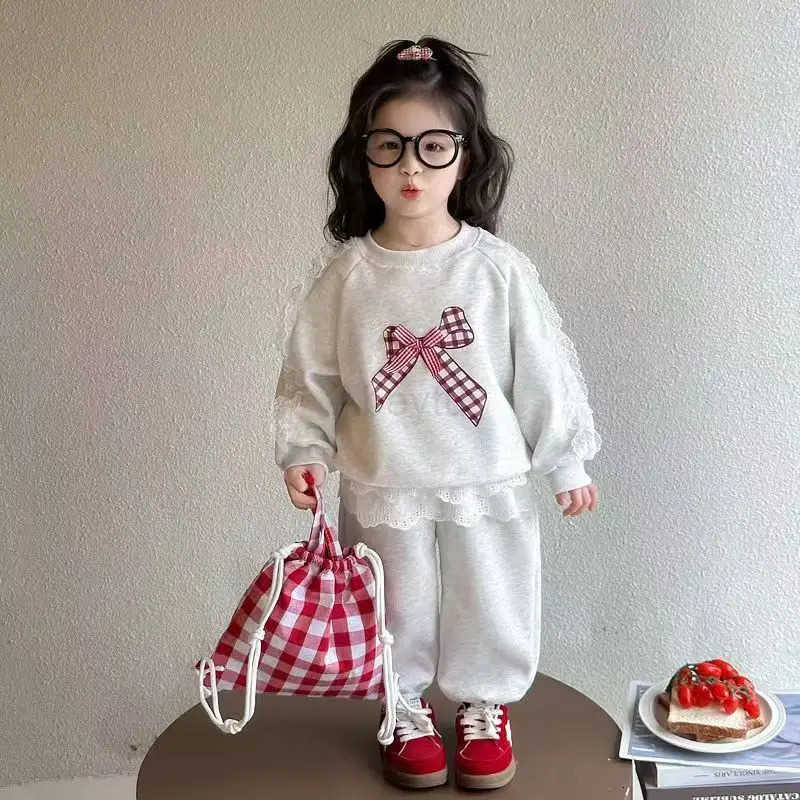 Sanrio Girls Bow Set Spring And Autumn Collection Baby Girl Lace Hoodie Autumn 2025 New Collection Childrens Two Piece Set H251216