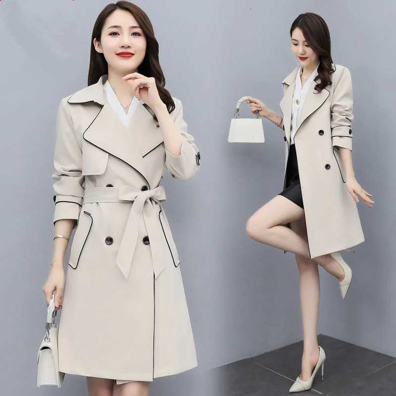 Spring Autumn Elegant Women Double Breasted Solid Trench Coat With Belt Korean Long Casaco Feminino Ladies Windbreaker LinedT251216
