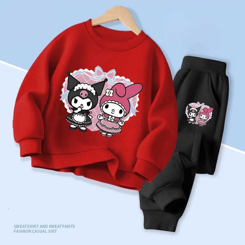 Sanrio Spring Childrens Colthes Sets Cartoon Kuromi and My Melody Print Girls Pullover Tops and Pants 2pcs Breathable Thin Kids Clothes H251216