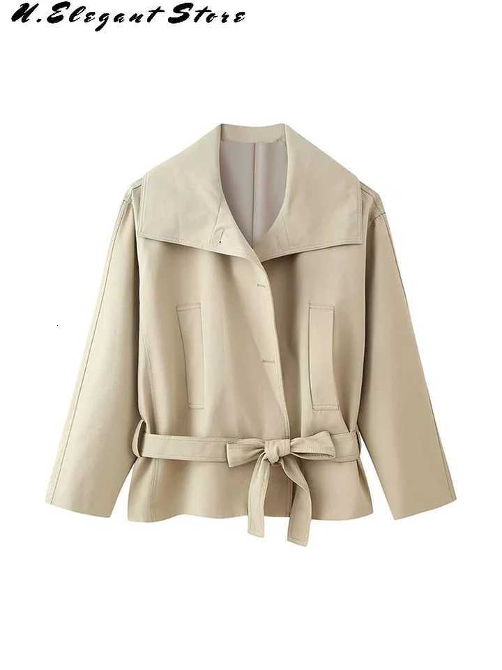 Vintage Khaki Solid Trench Jacket For Women Lapel Full Sleeve Casual Coat With Belt 2025 New Lady Autumn Winter StreetwearsT251216