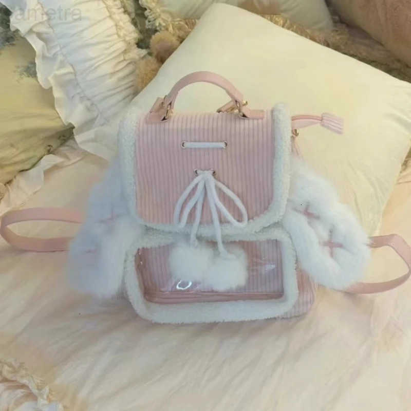 Sanrio Korean Patchwork Fluffy Ears Transparent Ita Bags Casual Simple Kawaii Cute Schoolbags Sweet Y2k Girls Fashion Backpacks Women H2512161