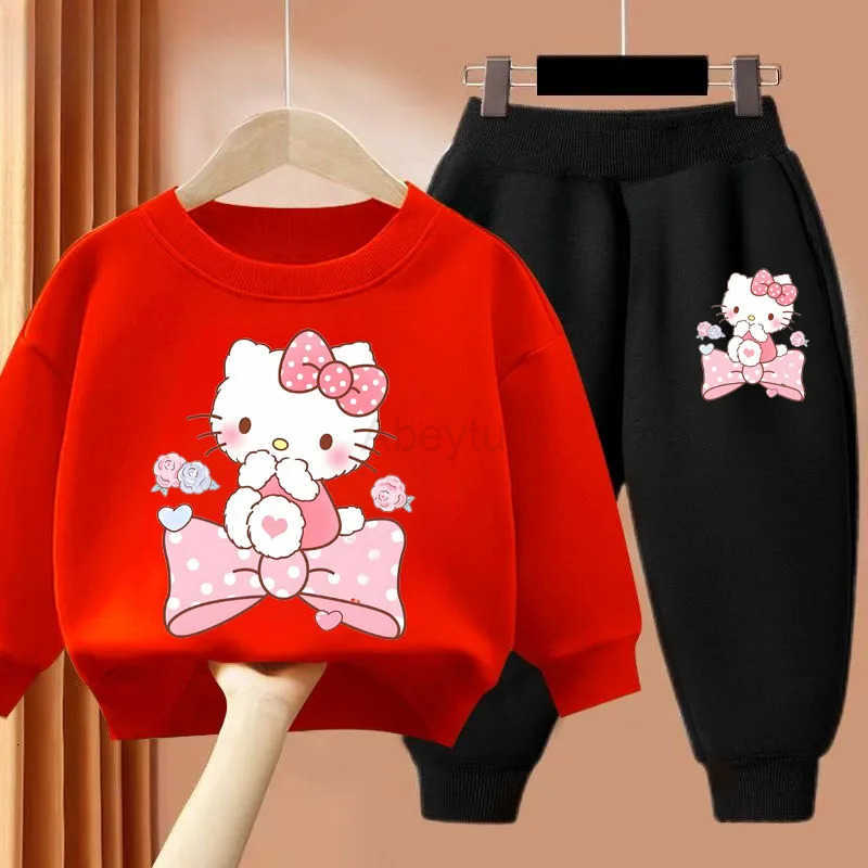 Sanrio Kitty Printed Girls Pullover and Long Pant Two Piece Sets Spring New Childrens Casual Sport Clothing Set Kids Casual Sweatsuit H251216