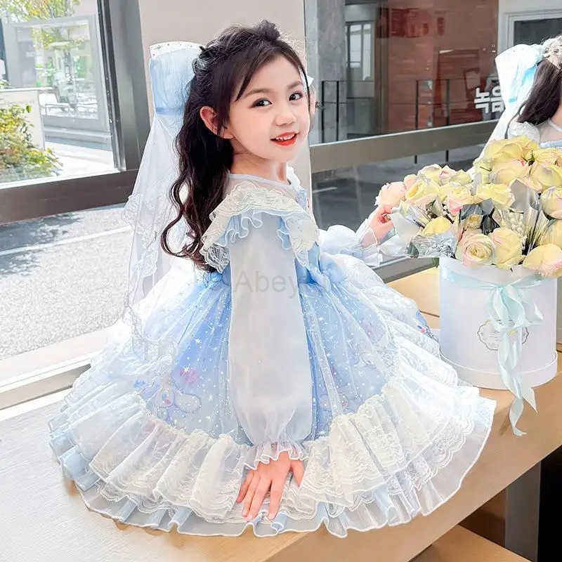 Sanrio Hot Girl Dress My Melody Cinnamoroll Kawaii Anime Fashion Children Long Sleeves Lace Princess Dress Children Clothing New H251216