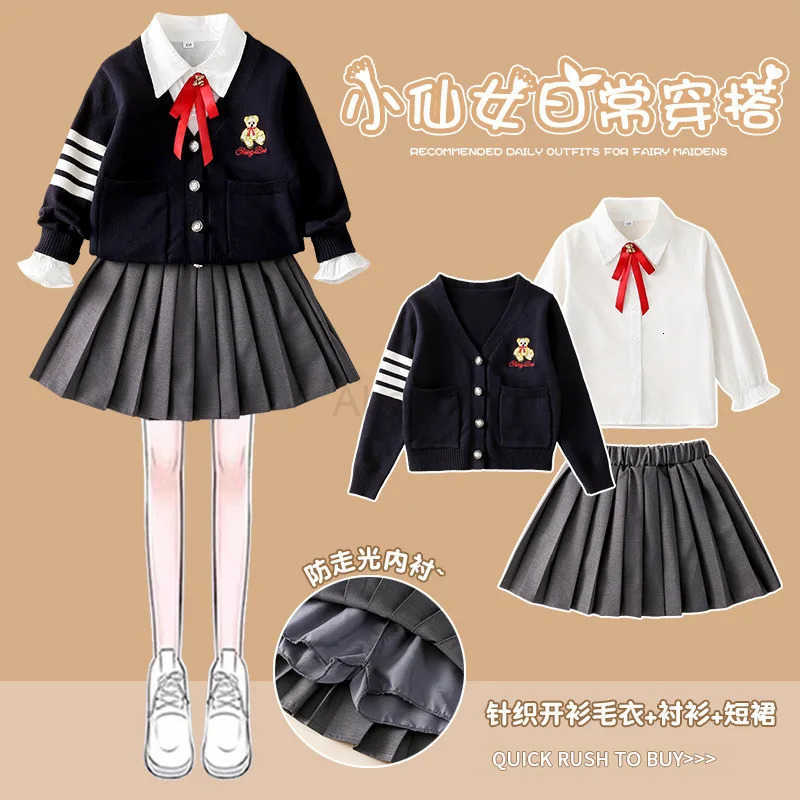 Sanrio 3Pcs Little Bear Children Jk Plaid Skirt Set Anime Y2K Cartoon Korean Cardigan Bow Tie Pleated Skirt Spring Autumn College Style H251216