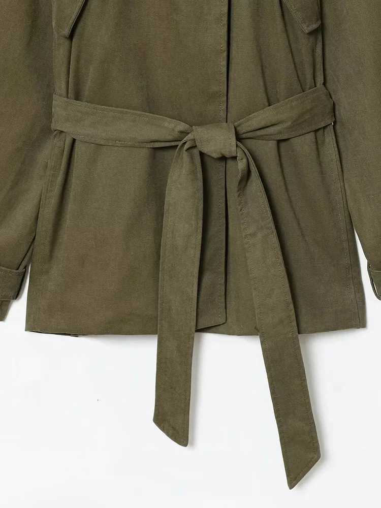 Womens 2025 Autumn New Trench Coat Style Army Green Long Sleeve Cotton Belt Decorative Trench Coat Casual Versatile jacketT251216