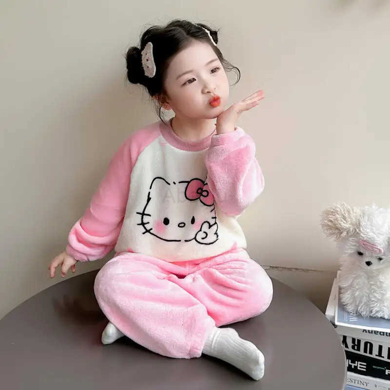 Sanrio Hello Kitty Flannel Pajamas Two-Piece Set Pullover Pants Girl Autumn Tops Child Kawaii Cartoon Fashion Casual Homewear H251216