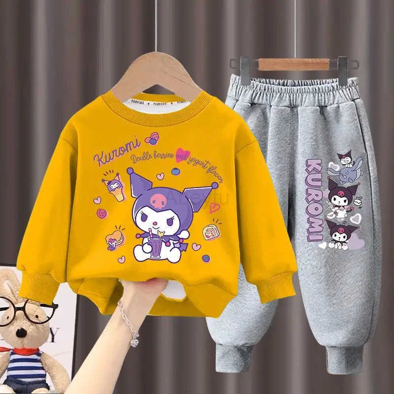 Sanrio Childrens Hoodies Sets 2025 Autumn New Long Sleeved Girls Sweatshirts Pants Two Piece Cute Kuromi Print Kids Tracksuits H251216