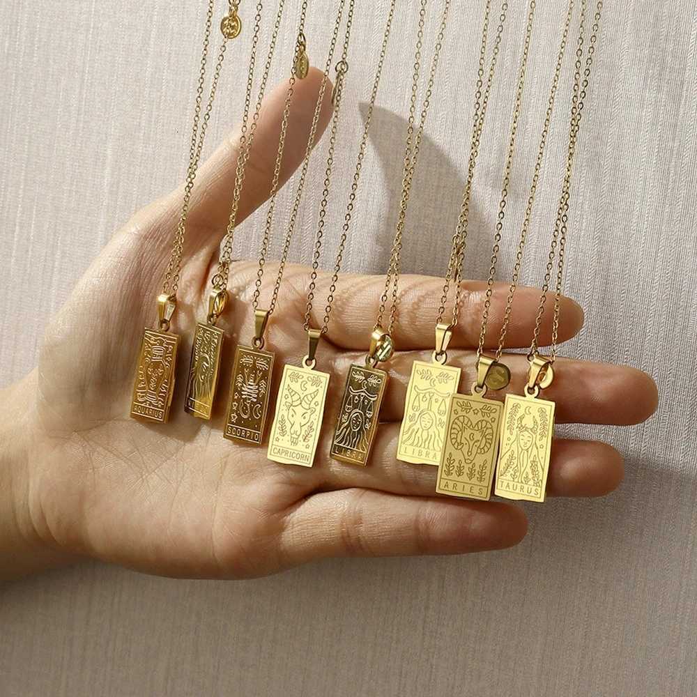 Stainless Steel Square Tarot Card Pendant Necklace 18K Gold Plated Constellations Clavicle Chain Horoscope Necklace for Women M251216