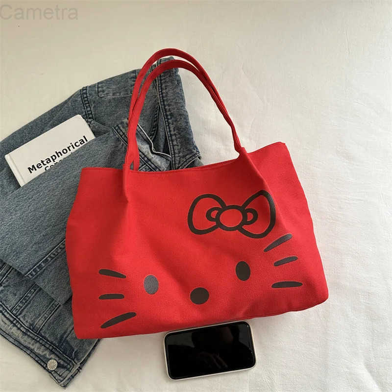 Sanrio Christmas Hello Kitty Anime Figures Canvas Tote Bag for Women Large Cute Cartoon Shoulder Bag Versatile Commuting Handbag Gift H251216