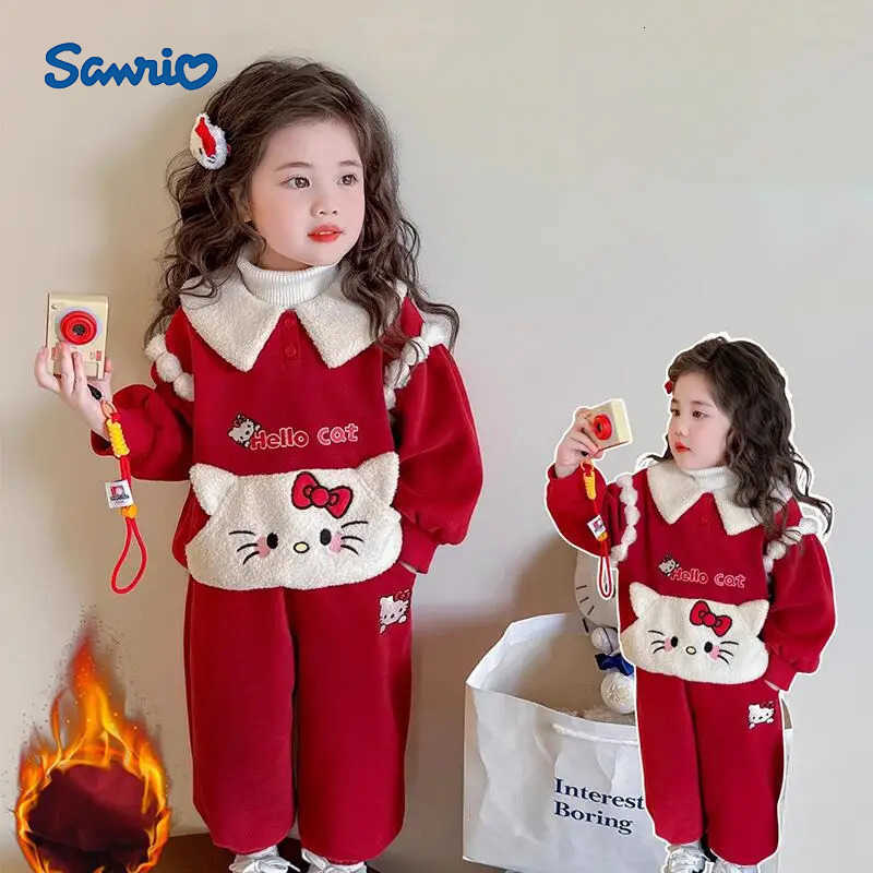 Sanrio Hello Kitty Hoodie Two-Piece Set Girl Autumn Winter Tops Pants Sportswear Child Kawaii Anime Cartoon New Casual Clothing H251216