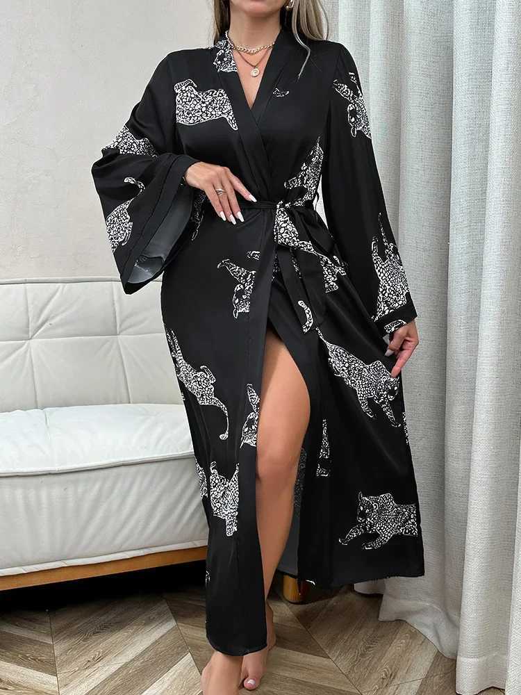 Long Satin Bathrobe Long Sleeve V Neck Belt Night Robe Cheetah print Night Dress Winter Warm Sleepwear Wedding Gifts For Women C251216