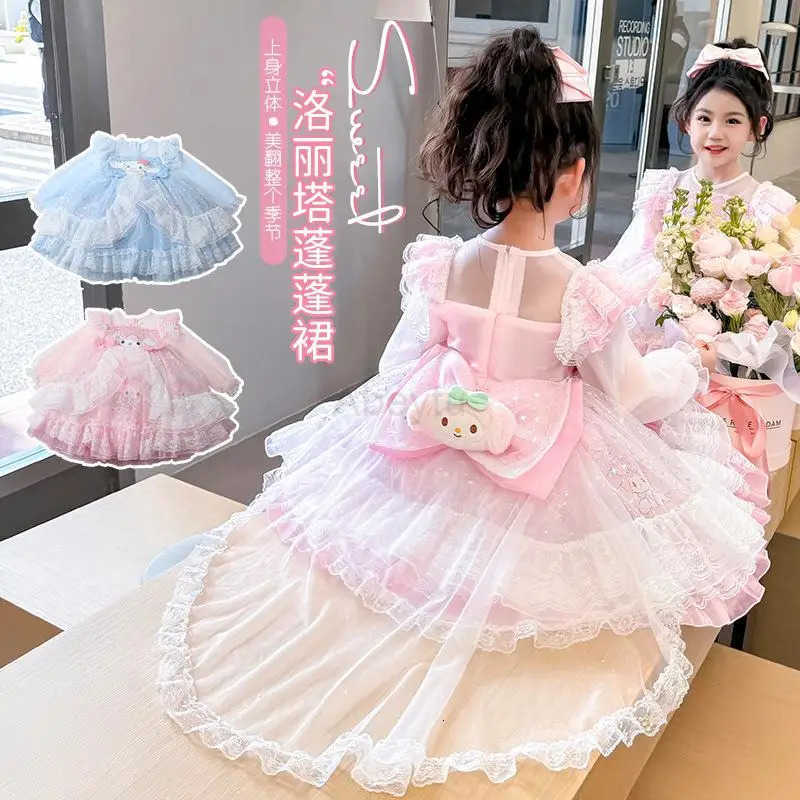 Sanrio Y2K Girl Dress My Melody Cinnamoroll Kawaii Anime Fashion Children Long Sleeves Lace Princess Dress Children Clothing New H251216