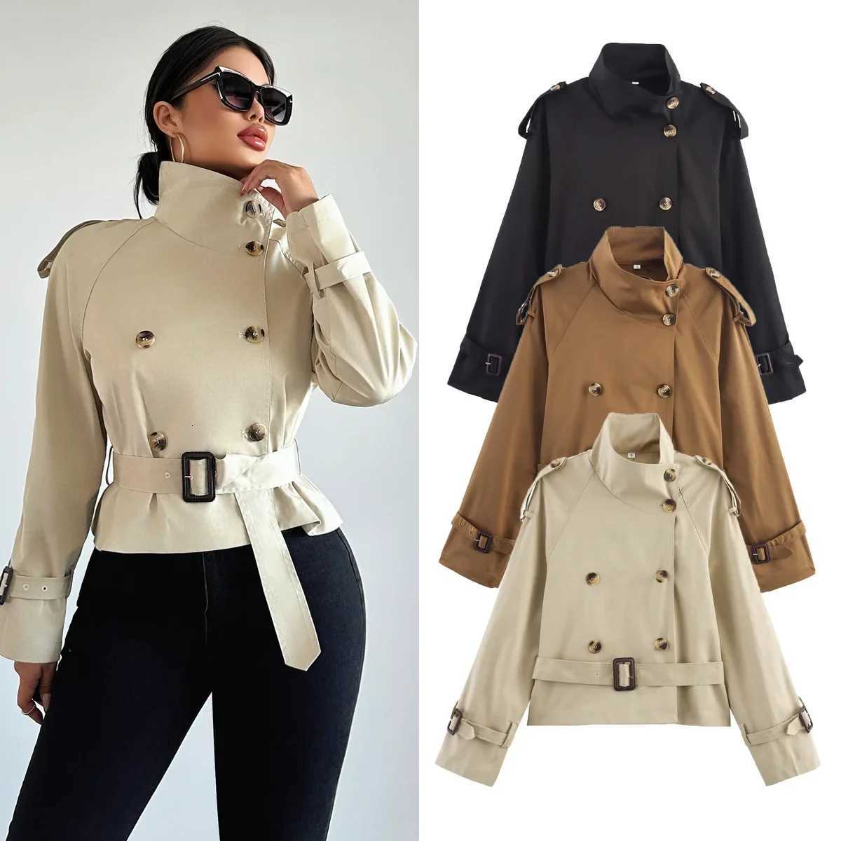 Women Autumn Spring Short Trench Coat Fashion Solid Double Breasted Belt Female Elegant Street Windbreaker Outerwear JacketT251216