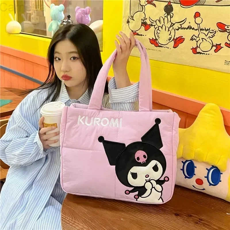 Sanrio MINISO Disney Handbag Cartoon Cute Down Fabric Kuromi Tote Bag Shoulder Cute Stationery Bag Large Capacity Handbag 2024 H251216