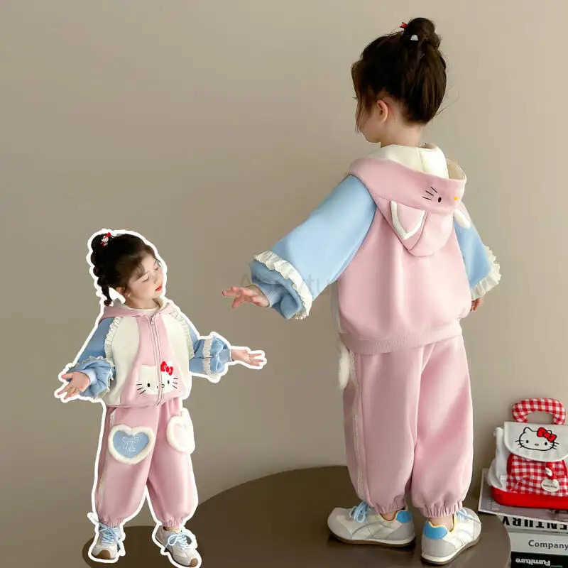 Sanrio Anime Hello Kitty Girls Lace Hoodie and Pants Set Spring Fall Style Casual Cardigan Fall Clothes Two Piece Set of Sportswear H251216