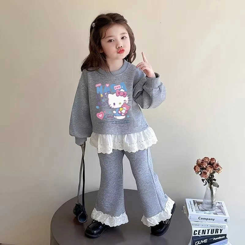 Sanrio Autumn Baby Girls Clothes Sets Lace Decoration Kid Hello Kitty Girls Sweatshirts Pullover TopPants 2pcs Cute Tracksuits Outfits H251216
