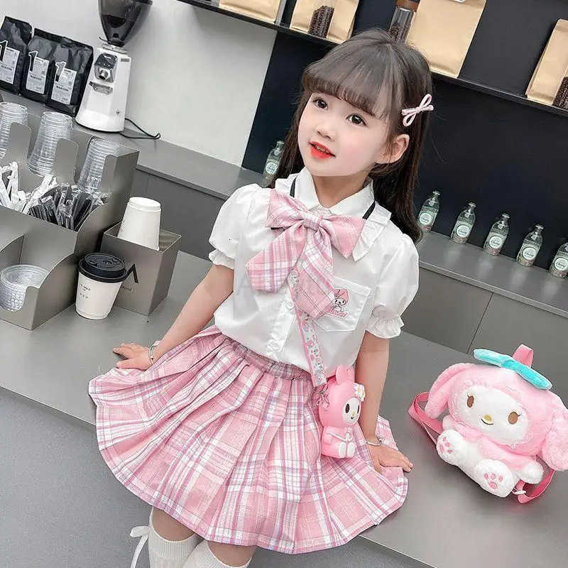 Sanrio Sanrios Kuromi Short Sleeve 2Pcs Summer College Puff Sleeve Uniform New Style Girl Three-Dimensional Bow Sweet Versatile Skirt H251216