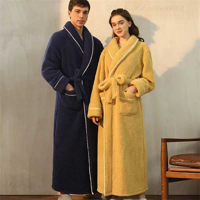 Autumn Winter Warm Bathrobe Gown Home Clothes Thicken Coral Fleece Couple Sleepwear Long Robe Loose Flannel Female Lounge Wear C251216