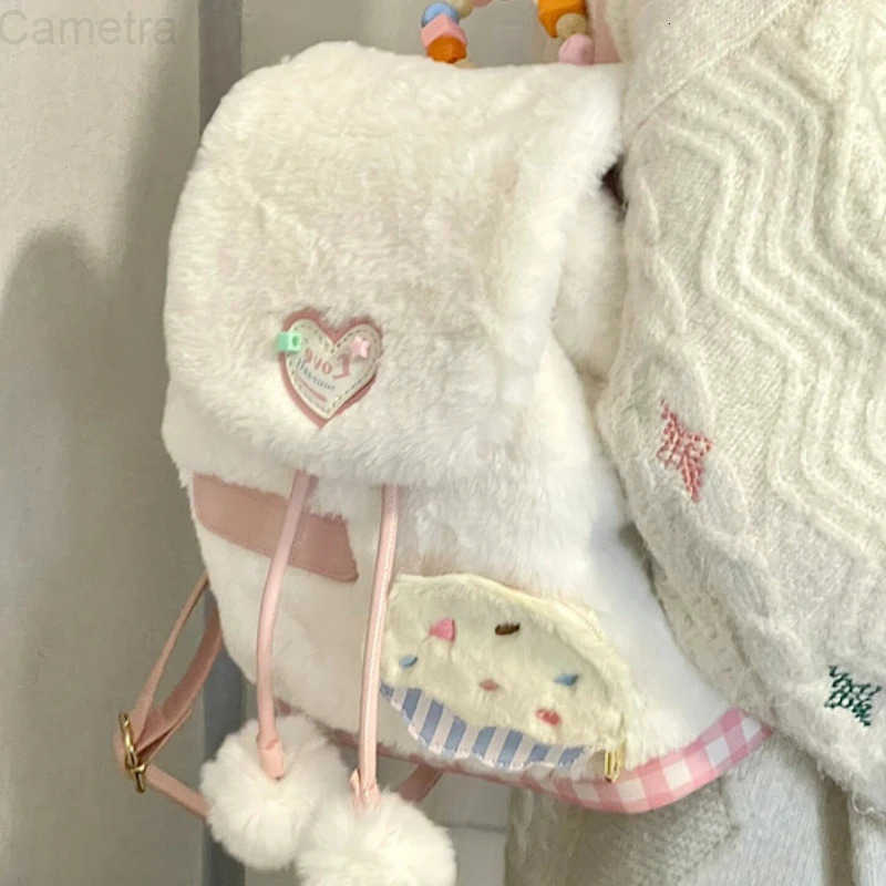Sanrio 2025 New Sweet Girls Fluffy Backpack Fashion Kawaii Women All Match Schoolbags Casual Students Faux Fur Backpacks Y2k Aesthetic H251216