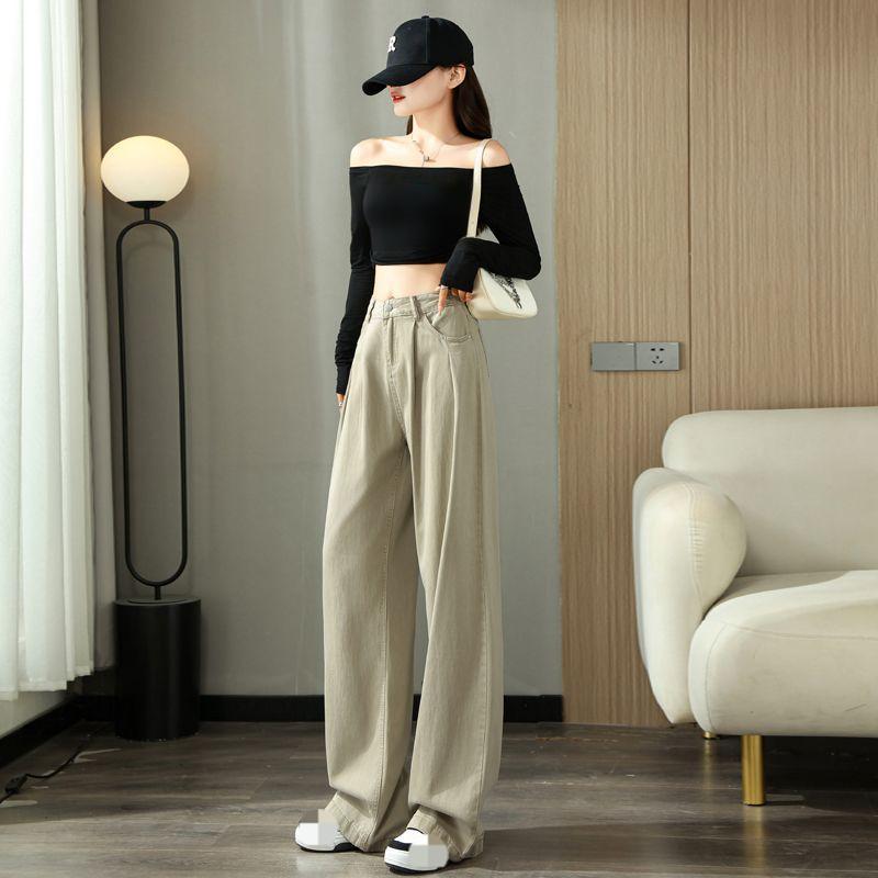 Women's Khaki Wide-Leg Jeans - Pleat-Draped Loose Straight Floor-Length Pants---7945---2