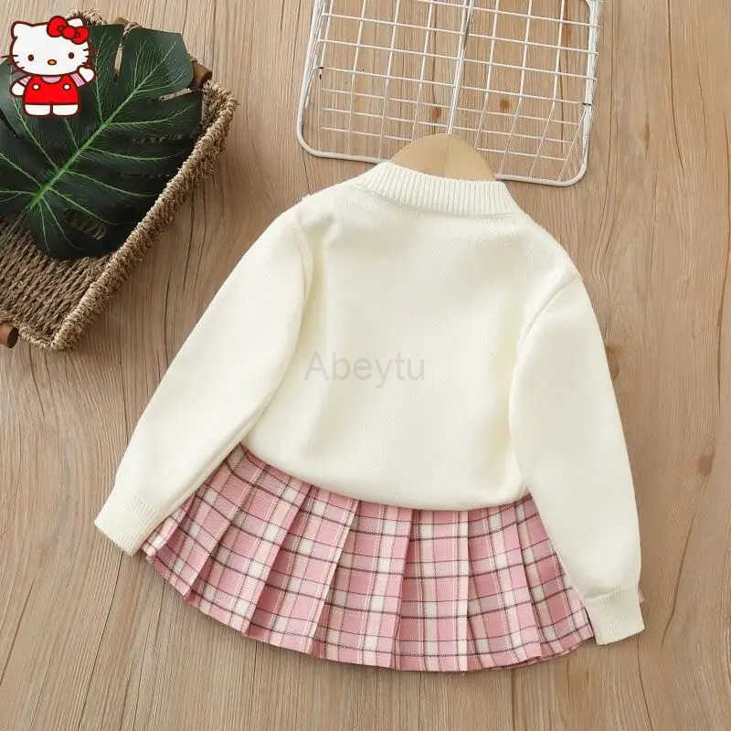 Sanrio Anime Hello Kitty Girls Autumn Knitted Coat Set College Style Jk Cardigan Jacket And Pleated Skirt Two-Piece Set for Children H251216