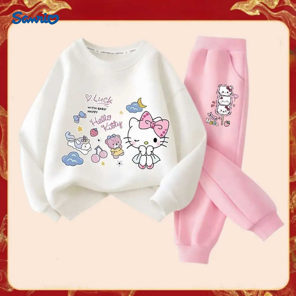 Sanrio Spring Autumn Girls Fashion Clothes Sets Kids Cartoon Hello Kitty Print Sweater Pullover Tops Pants 2Pcs Outfit Tracksuit H251216