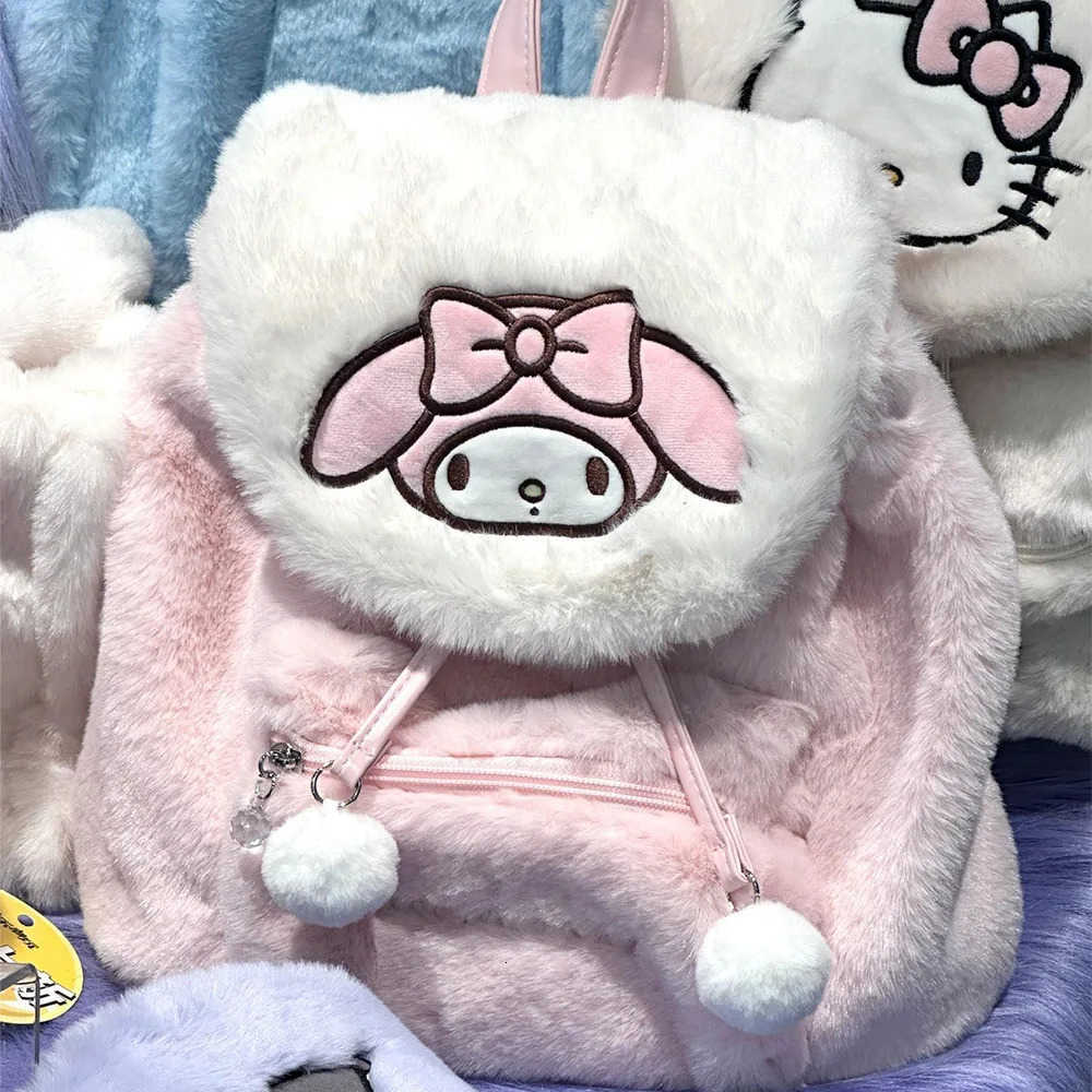 Sanrio Hellokitty Mymelody Plush Schoolbag Furry Bag Cute Cartoon Fluffy Satchel Tote Kawaii Handbags Backpacks Girls Christmas Gifts H251216