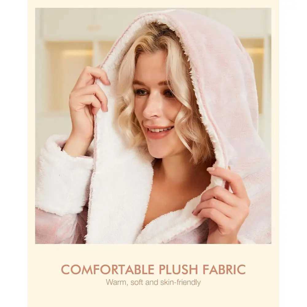 Cozy Long Fleece Robe with Pockets for Women - Plush Hooded Loungewear Bathrobe C251216
