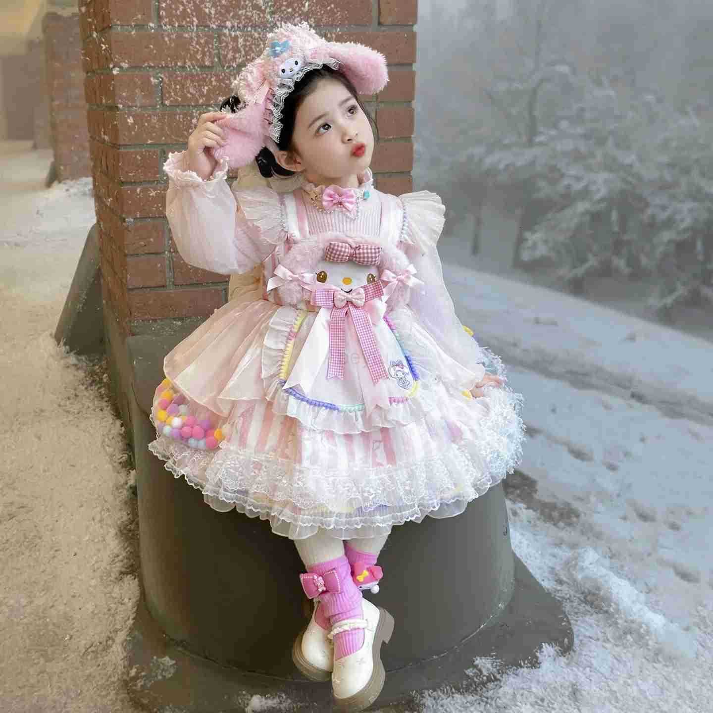 Sanrio Anime My Melody Girls Lolita Princess Party Dress with Bow Decoration Sweet Ruffled Tutu Skirt Layered Design for Festival Gift H251216