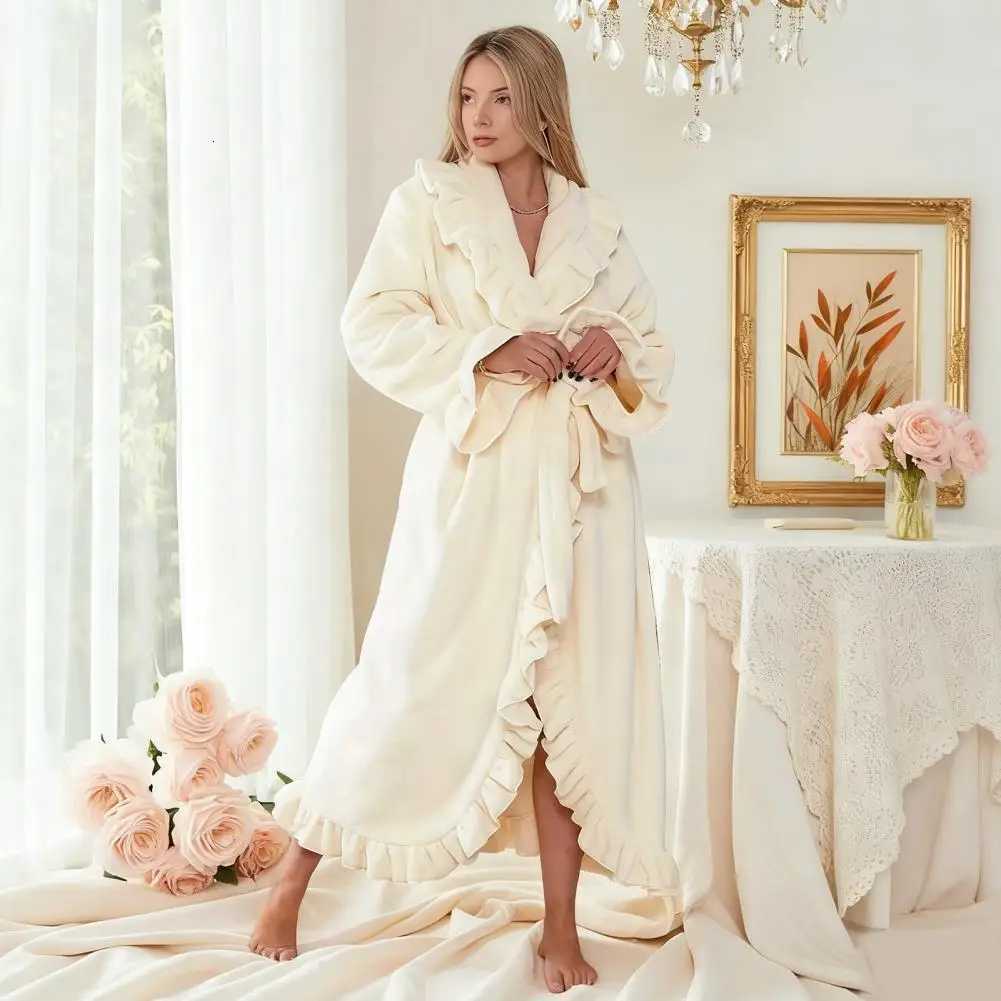 Terry Cloth Bathrobe Cozy Womens Winter Robe Collection Fuzzy Ruffle Shawl Collar Kimono Bathrobe Plush Lounge for Warmth C251216
