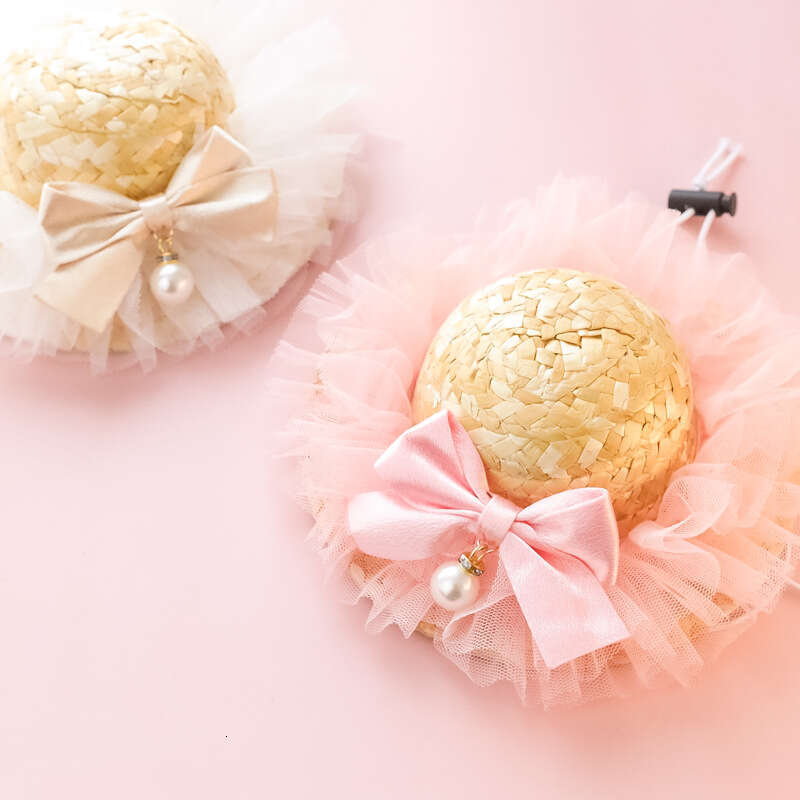 Pet Straw for Kittens and Dogs, Cute Knitted Hat with Summer Sunshade, Little Chanel Style Lace Bowknot Flower