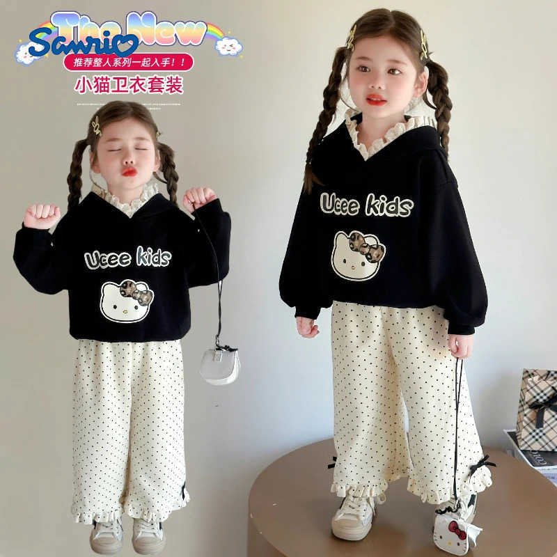 Sanrio Girl Clothes Set Autumn Kid Sweatshirts Pullover Hello Kitty TopPants 2pcs Suit Children Sweet Tracksuits Outfits Brand H251216