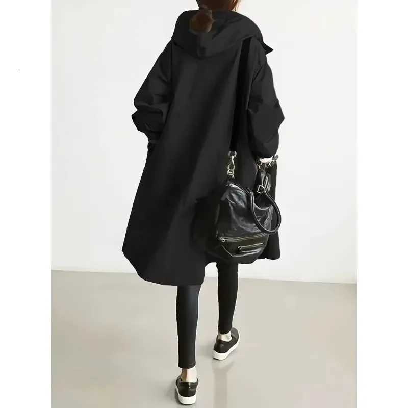 Plus Size Hooded Trench Coat Classic Fashion Loose Womens Windbreaker Coat Khaki Black Casual TopsT251216