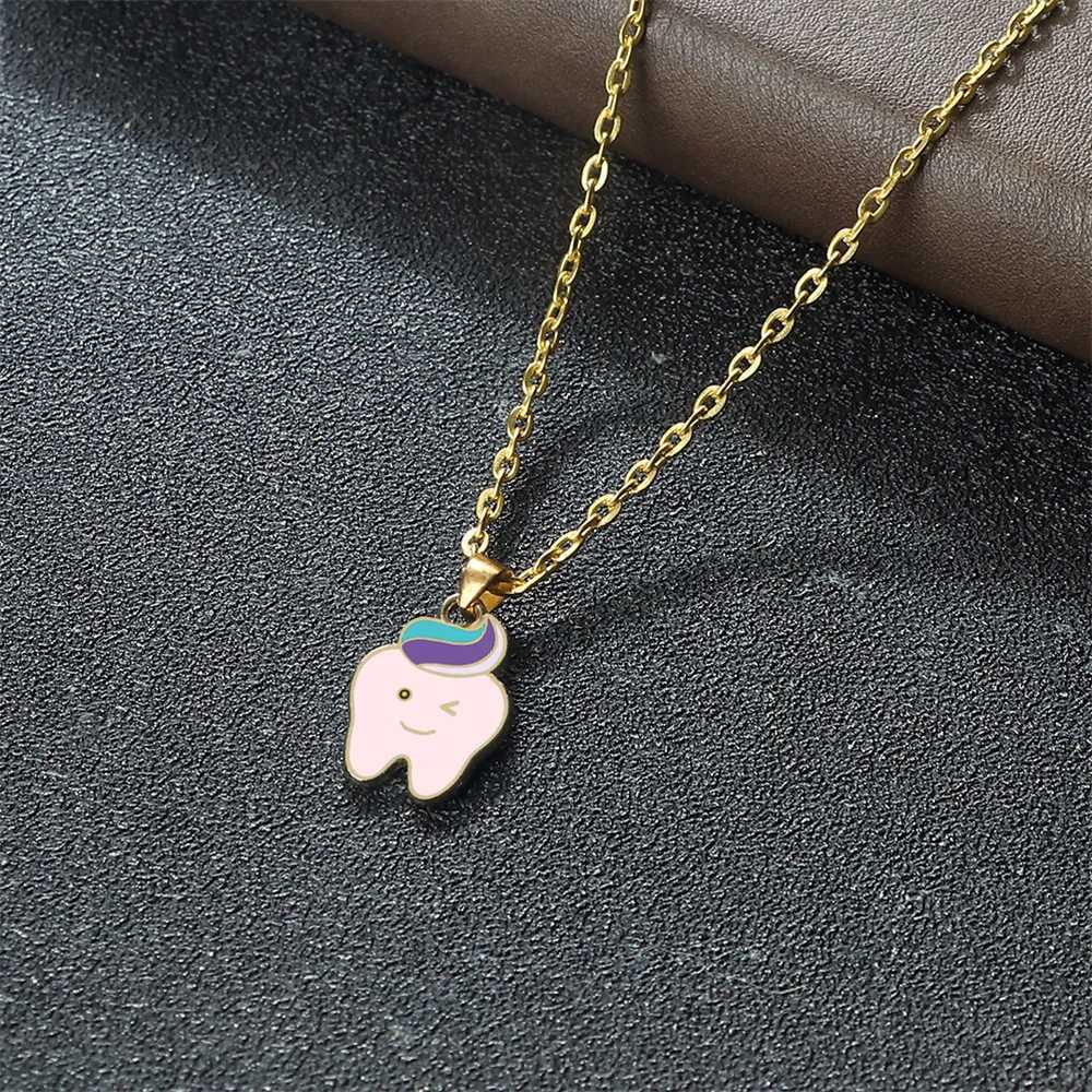 Cartoon Teeth Toothpaste Pendant Necklace for Girls Women Protect Tooth Adjustable Golden Alloy Chain Lobster Clasp Jewelry Gift M251216