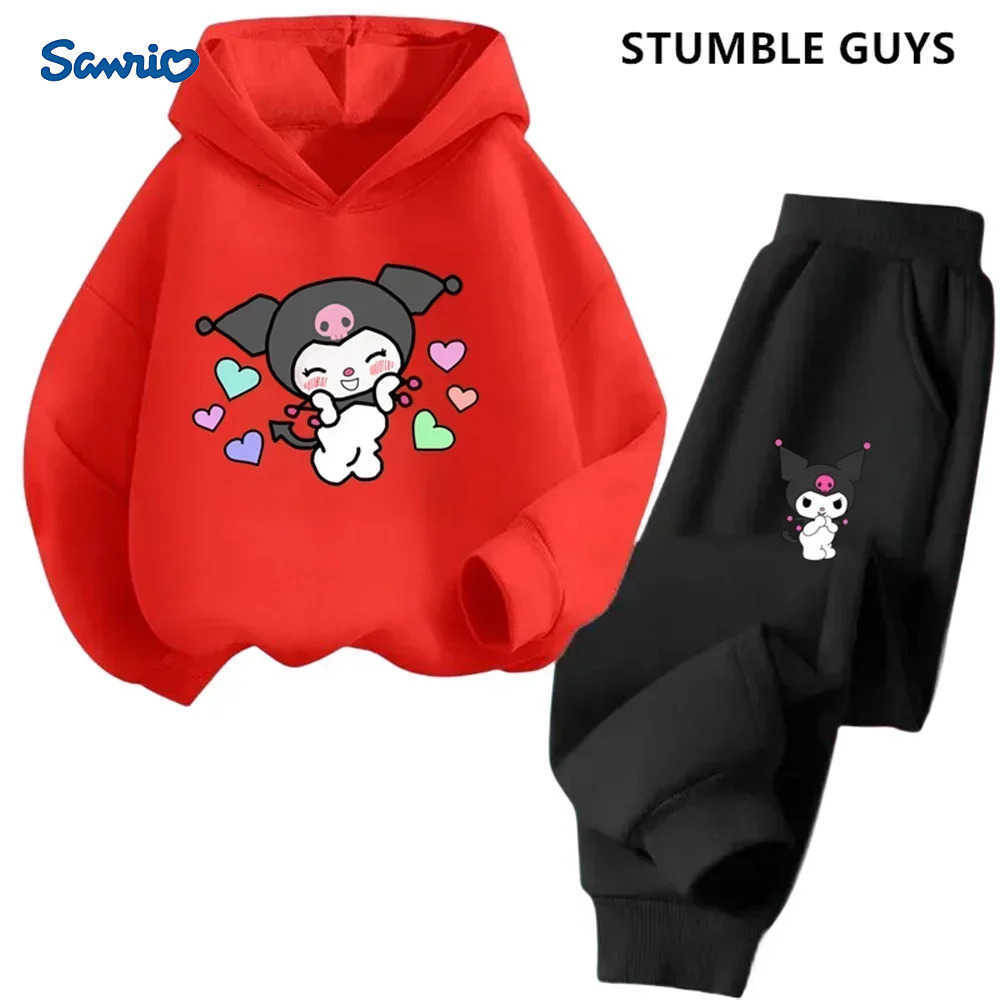 Sanrio Kuromi Fashion Children Hooded SweatshirtPants Two-piece Set Boy Girl Autumn Winter Daily Outdoor Casual Loose Warm Sportswear H251216