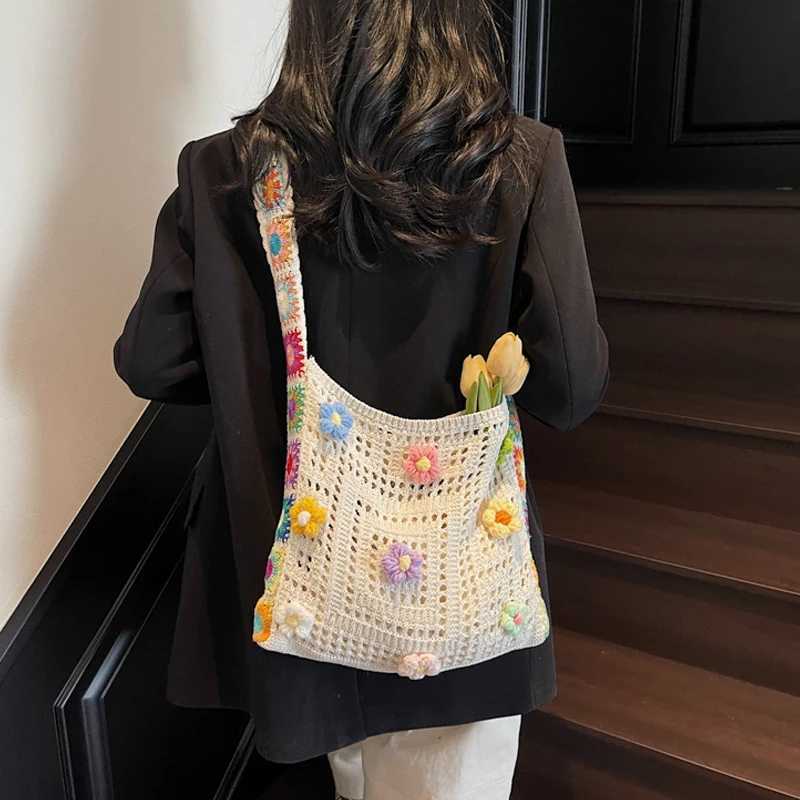 Women Cute Knitting Tote Bag Wear Resist Lovely Woven Shoulder Bag Stylish Knit Shoulder Bag Seaside Trip Shopping Beach Bag M251216