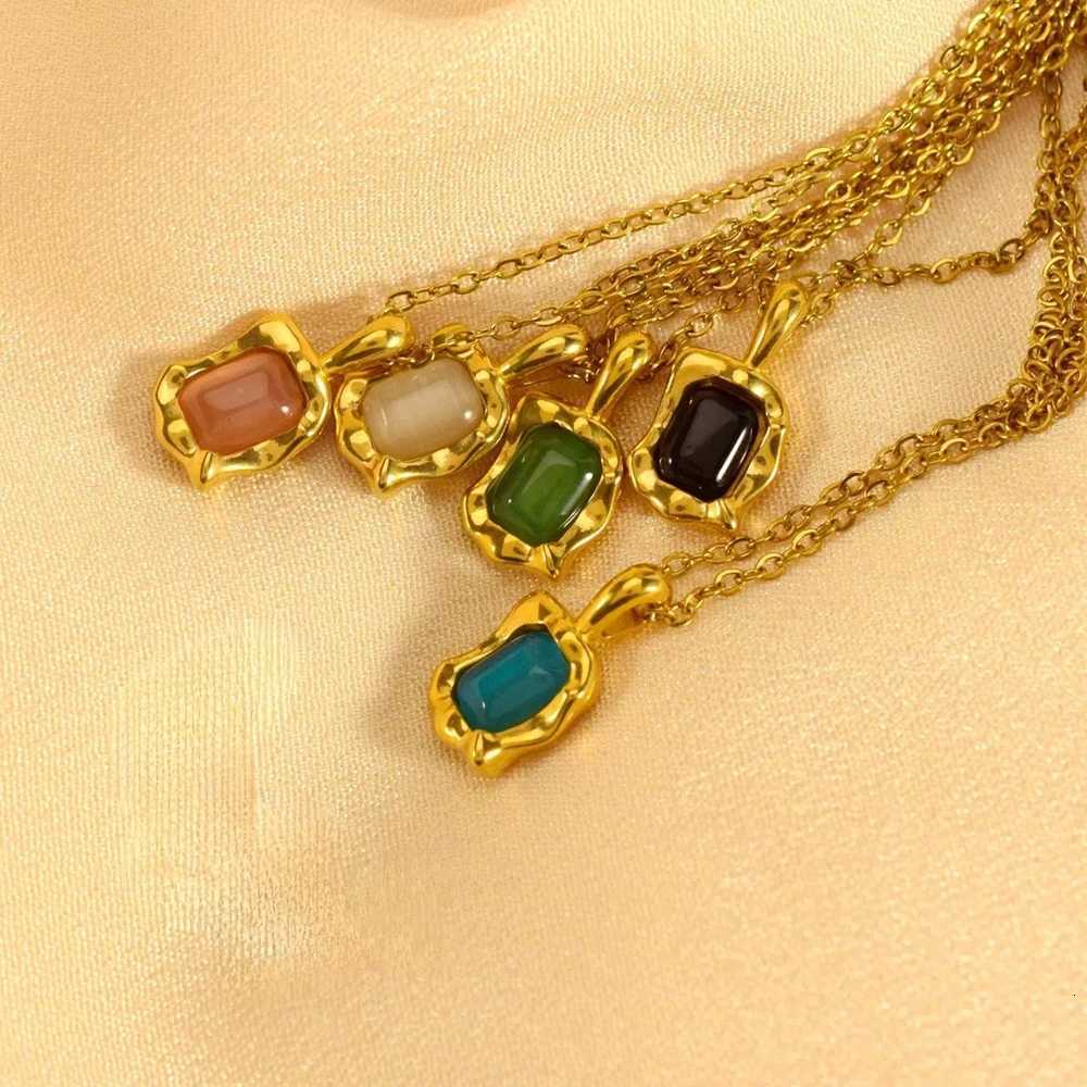 Color Square Irregular Pattern Cats Eye Stone Necklace Clavicle Chain Stainless Steel Jewelry for Autumn Winter M251216