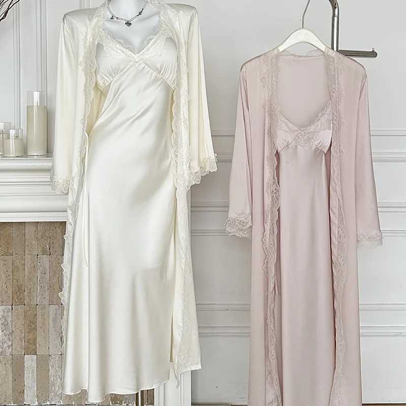 New Female Long Robe Nightgown Set Sexy Lace Trim Sleepwear Suspender Nightdress Spring Summer Casual Satin Home Dress Bathrobe C251216