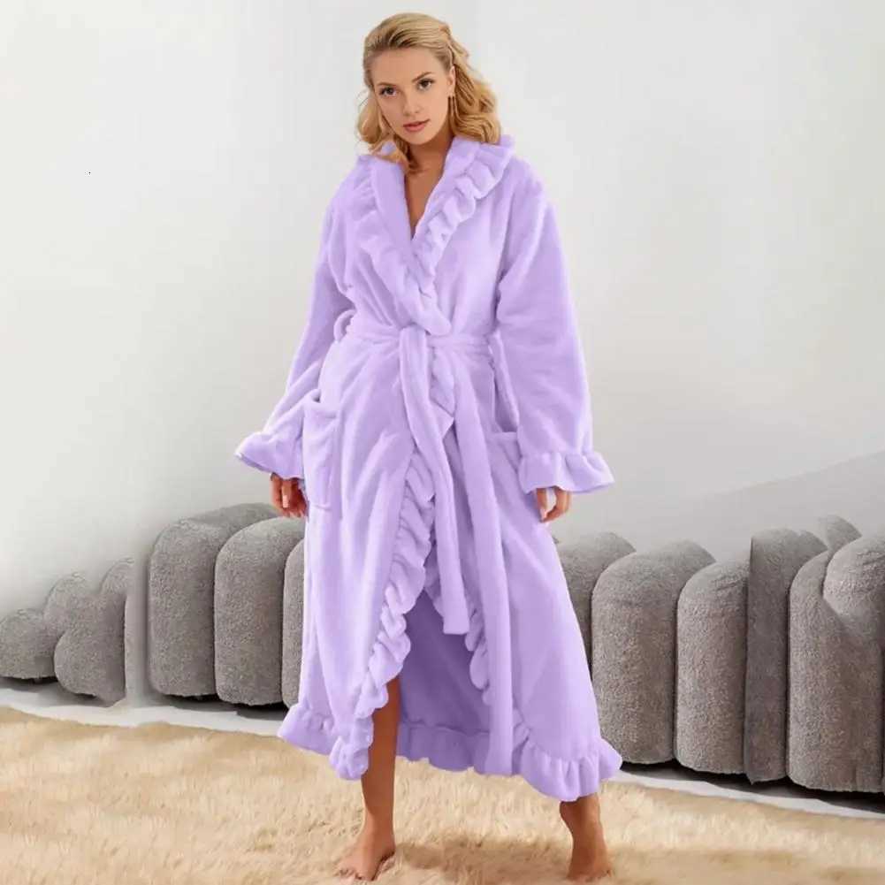 Terry Cloth Bathrobe Cozy Womens Winter Robe Collection Fuzzy Ruffle Shawl Collar Kimono Bathrobe Plush Lounge for Warmth C251216