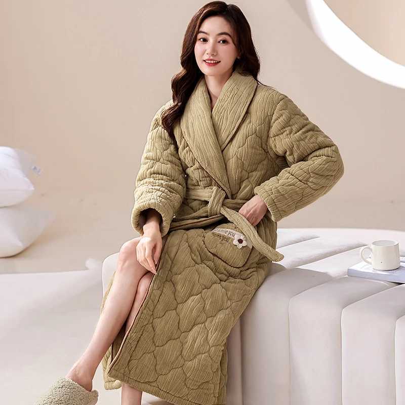 Winter 3 Layer Clip Cotton Robe Women Comfortable Pyjamas Female Bathrobe C251216