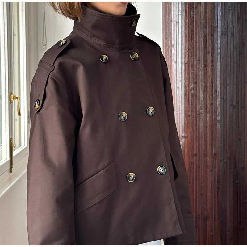 Vintage Double Breasted Trench Coat Women Commute Loose Long Sleeve Jacket 2025 Spring Elegant Stand Collar Outwear StreetT251216