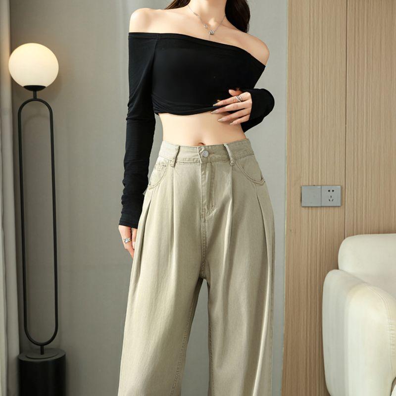 Women's Khaki Wide-Leg Jeans - Pleat-Draped Loose Straight Floor-Length Pants---7945---2